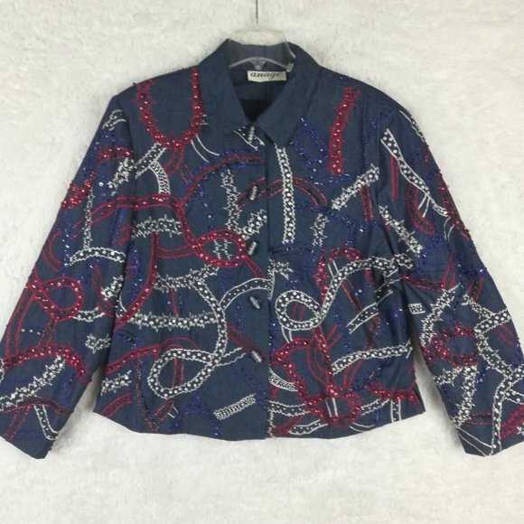 Vintage Anage Womens Suit Jacket Beaded Embroidered Sequins Red White Blue L - Picture 1 of 15